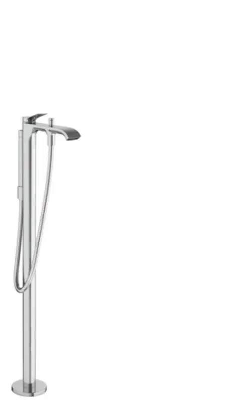 Bodenstehender Wannenmischer aus Chrom von Hansgrohe mit einer schlanken Form und einem Auslauf, verbunden mit einem flexiblen Handbrauseanschluss.